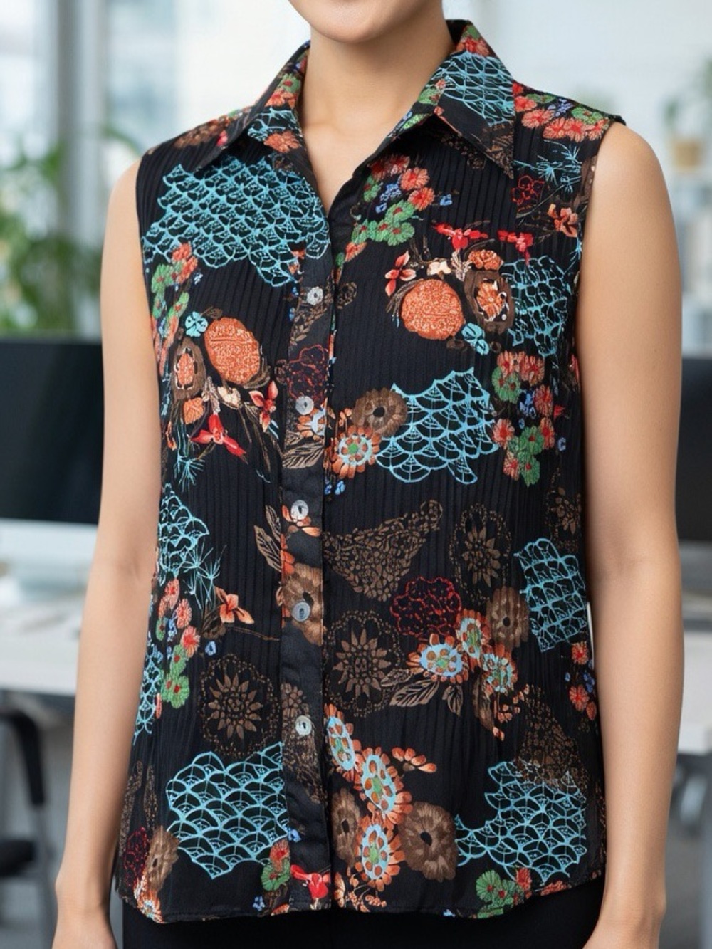 Sere Nade Floral Plisse Sleeveless Button-Down Blouse Art To Wear Boho Top L EUC